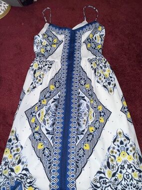 Banana Republic White Midi Dress with Blue and Yellow Floral Print